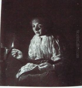 Woman Sewing by Lamplight by Judith Leyster