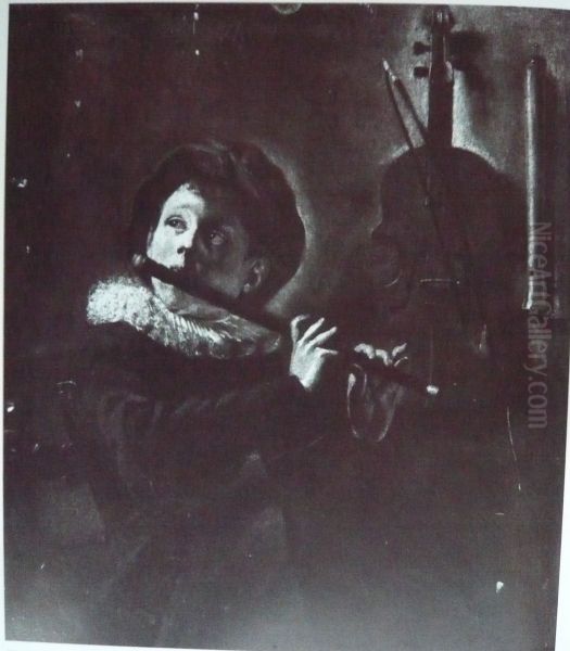 Young flute player by lamplight (with two recorders on the wall) - view 1