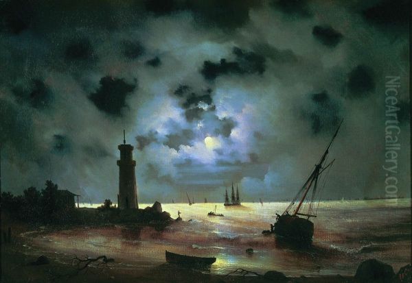 Sea coast at night. Near the beacon - view 1
