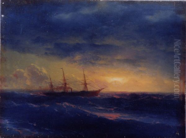 Cruiser in the sea at night - view 1