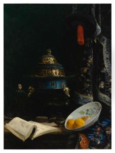STILL LIFE FEATURING AN 18TH CENTURY CHINESE CENSER, PORCELAIN ENAMELED DISH AND QING DYNASTY COURTIER'S HAT by unknown
