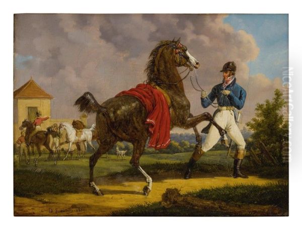 EQUERRY WITH HORSE OF LOUIS XVIII OUTSIDE THE ROYAL STABLES - view 1