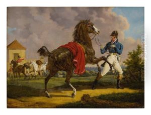EQUERRY WITH HORSE OF LOUIS XVIII OUTSIDE THE ROYAL STABLES by unknown