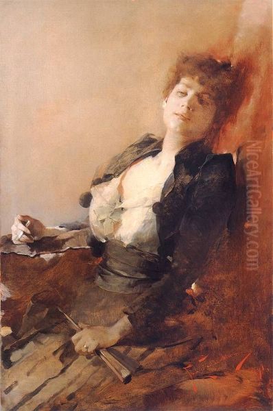 Portrait of a woman with a fan and a cigarette. - view 1
