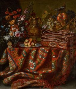 A STILL LIFE WITH POMEGRANATES, GRAPES, PEACHES, A VASE OF FLOWERS AND ASSORTED ORFEVRERIE, ALL ON A TABLE DRAPED WITH AN ORNATE TURKISH CARPET by unknown