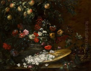 Still Life with Peaches, Plums and Flowers in Baskets, and Jasmine Flowers on a Gold Charger by Giuseppe Volo Vicenzino