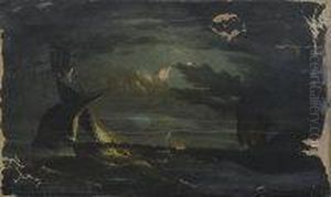 Moonlight Seascape With Two Frigates. by James Buttersworth