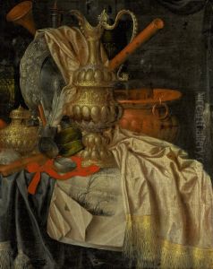 Still Life of Precious Vessels and Writing Materials on a Silk Tablecloth by Franciscus Gijsbrechts