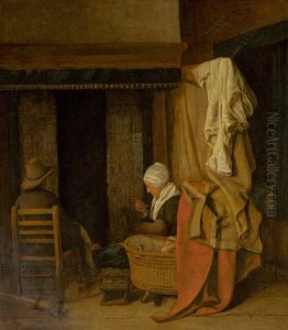 COTTAGE INTERIOR WITH A PEASANT FAMILY SITTING BY A FIREPLACE by unknown