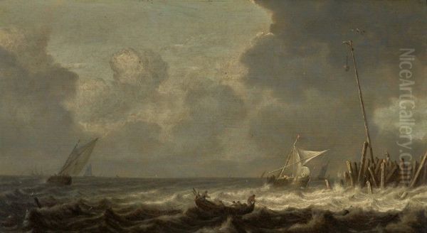 A ROWING BOAT AND OTHER SAILING VESSELS IN CHOPPY SEAS - view 1