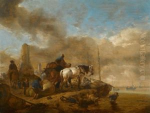 FIGURES AND HORSES ON THE SHORE, WITH SAILING BOATS BEYOND