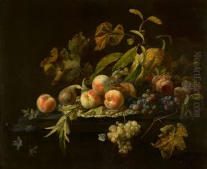 STILL LIFE OF PEACHES, A FIG, A WATERMELON, BUNCHES OF GRAPES AND A ROSE ARRANGED ON AND AROUND A SILVER DISH ON A LEDGE by unknown