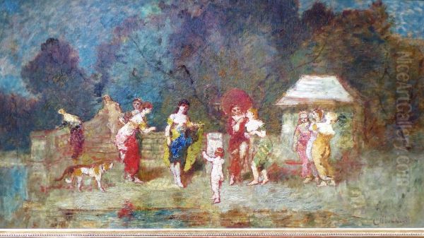 Women in a Park at the Edge of the Water with a Child and a Dog - view 1