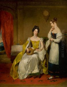 AN ELEGANT INTERIOR, WITH A YOUNG LADY HOLDING A SMALL GUITAR, TOGETHER WITH A LADY HOLDING A SHEET OF MUSIC by unknown