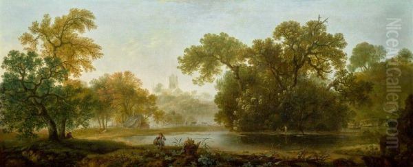 WOODED RIVER LANDSCAPE, WITH A CATHEDRAL BEYOND - view 1
