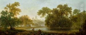 WOODED RIVER LANDSCAPE, WITH A CATHEDRAL BEYOND