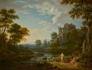 A WOODED RIVER LANDSCAPE WITH CLASSICAL RUINS, A DROVER WITH CATTLE AND FIGURES PLAYING MUSIC IN THE FOREGROUND
