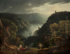 TIVOLI, A VIEW OF THE WATERFALLS WITH FIGURES IN THE FOREGROUND by unknown