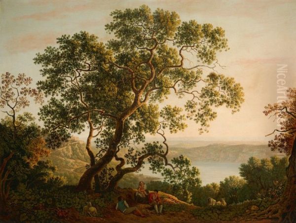 LAGO DI NEMI, A VIEW AT TWILIGHT WITH FIGURES AND A FLOCK OF GOATS RESTING IN THE FOREGROUND - view 1