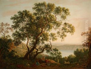 LAGO DI NEMI, A VIEW AT TWILIGHT WITH FIGURES AND A FLOCK OF GOATS RESTING IN THE FOREGROUND by unknown