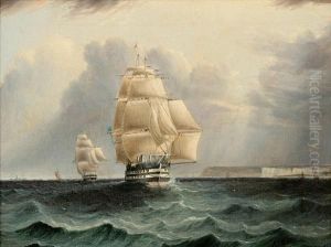 A British Ship Of The Line Leading The Bluesquadron Past Dover by James E. Buttersworth