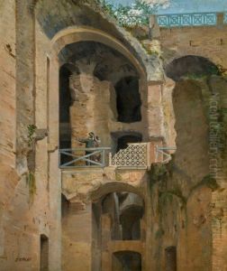 ROME, A VIEW OF THE PONTE DI CALIGOLA, IN THE IMPERIAL PALACES, PALATINE HILL, WITH TOURISTS AMONG THE RUINS by unknown