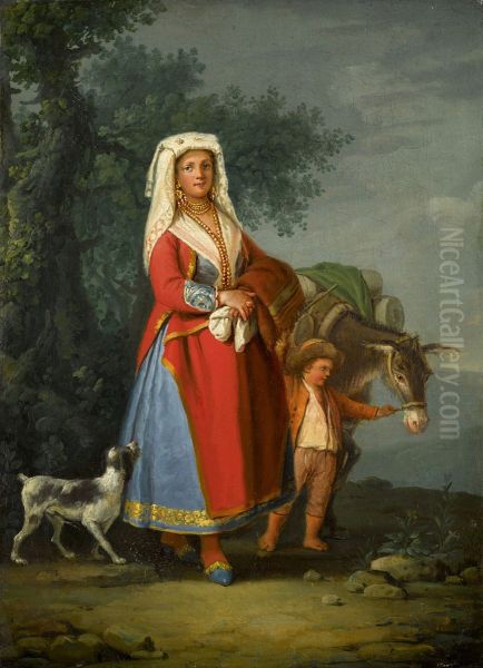 A young girl in traditional Neapolitan dress in a landscape, together with a young boy and a donkey - view 1