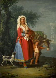 A young girl in traditional Neapolitan dress in a landscape, together with a young boy and a donkey