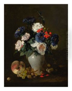 ASSORTED FLOWERS IN A VASE WITH GRAPES AND A PEACH ON A TABLE