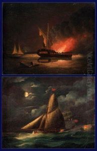 Naval Battle Scenes At Night by Thomas Buttersworth