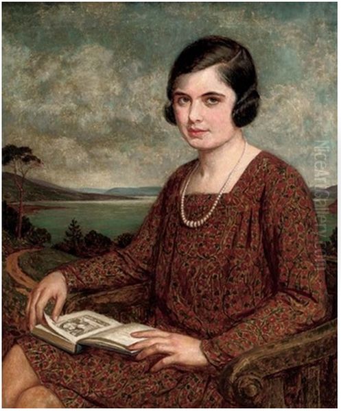 Portrait of a lady, a book on her lap, a landscape beyond - view 1