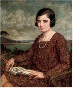 Portrait of a lady, a book on her lap, a landscape beyond by unknown