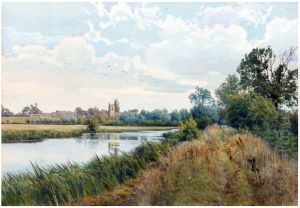 River Scene with Distant Village , 1896