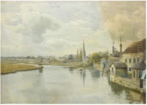 St. Ives looking west from the bridge, with the old brewery on the right, Hemingford meadows.. by William Fraser Garden
