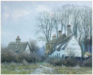 Thatched cottages and a Victorian house by Woodland , 1899 by William Fraser Garden