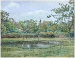 A farmhouse with a smoking chimney through trees by water , 1899 by William Fraser Garden