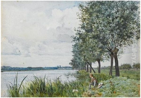 A young boy fishing by a river , 1880 - view 1
