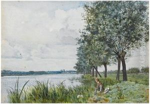 A young boy fishing by a river , 1880