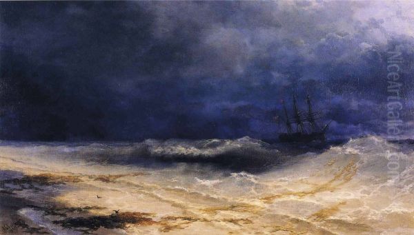 Ship in a Stormy Sea off the Coast - view 1