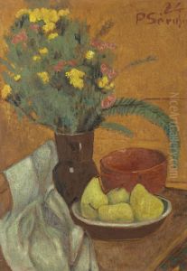Still life with pears and bouquet of ferns by unknown