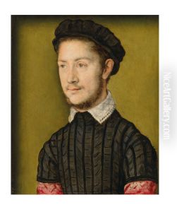 Portrait of a young man, probably an officer royal, small half-length, wearing a black slashed doublet and black cap