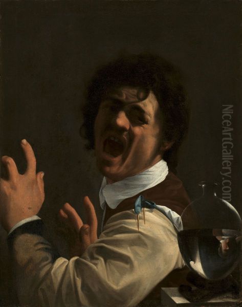 A seated man recoiling - view 1