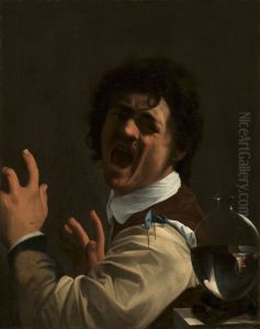 A seated man recoiling by unknown