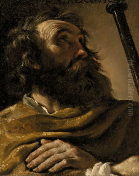 Saint Alexius in a brown wrap, holding a staff - view 1