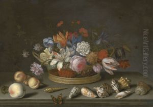 Tulips, roses and other flowers in a basket on a table, with shells, fruit, a lizard and a butterfly by unknown