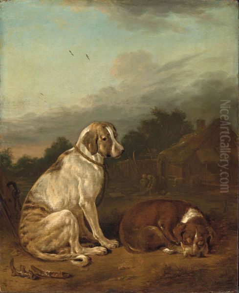 Deux chiens assis dans un paysage - view 1