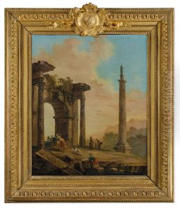 Personnages pres d'une colonne antique