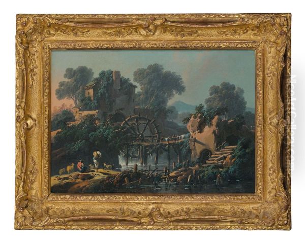 Paysage de riviere avec un moulin et des bergers - view 1