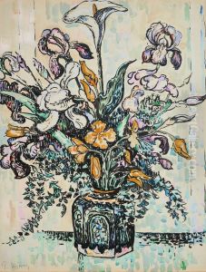 Bouquet (iris, arum, tulipes) dans un vase d'Andre Metthey by unknown