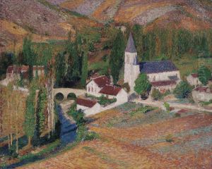 L'eglise de Labastide-du-Vert avec le pont et la rivere, un soir d'automne L'eglise de Labastide-du-Vert avec le pont et la rivere, un soir d'automne